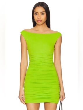 AFRM Neon Green Ruched Bodycon Summer Mini Dress Size S NWOT